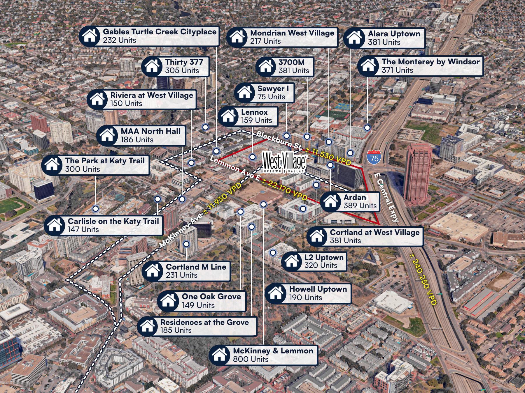 Aerial view of West Village showing surrounding multifamily towers, McKinney Ave, and I-75